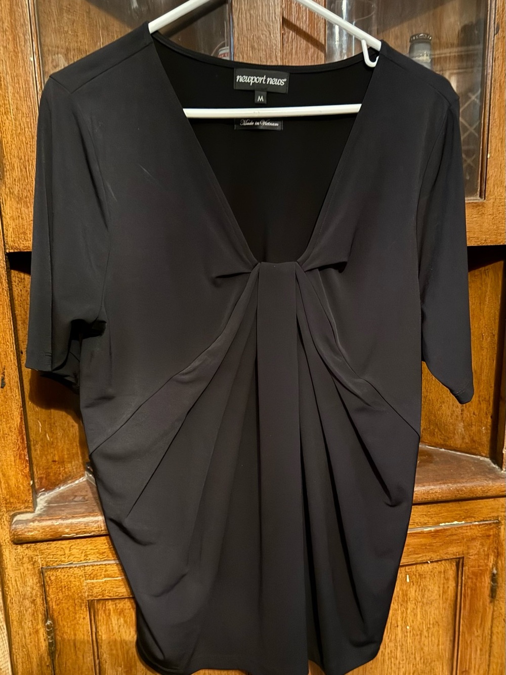 Newport News Black Short-Sleeve Pleated V-Neck Tunic